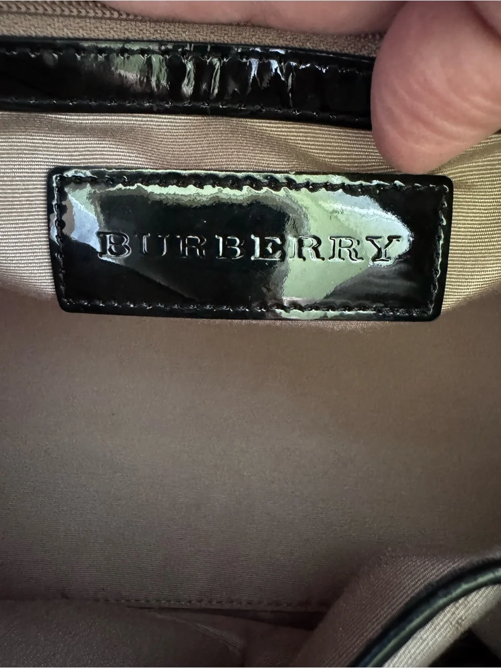 Burberry Beige Check Satchel with Black Patent Handles and Maroon Accents
